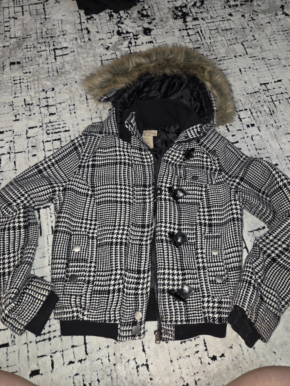 Y2k Vintage 2000s Paris Blues Houndstooth Jacket with Faux Fur Hood